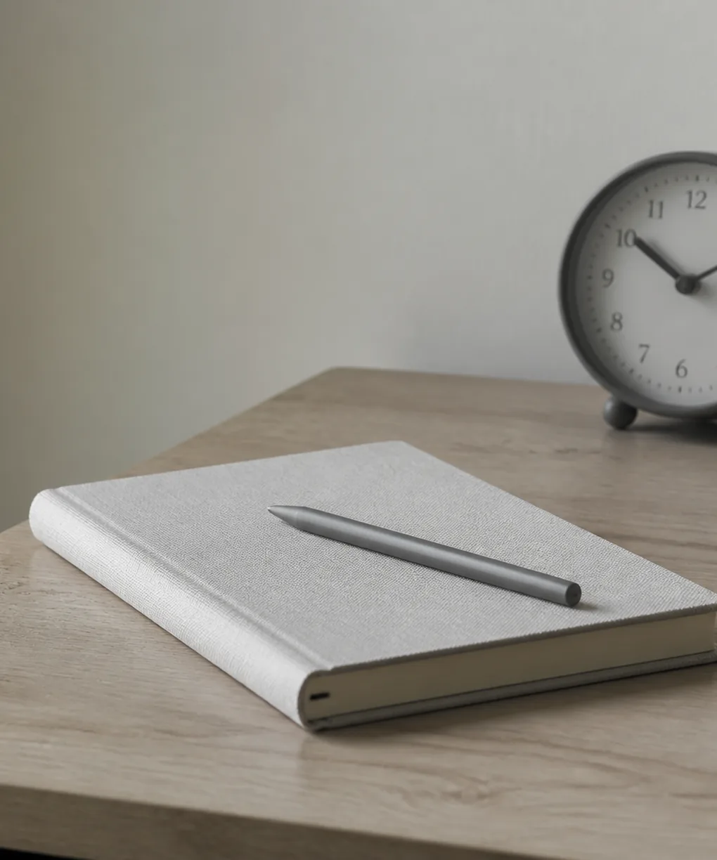 Un carnet ouvert et un stylo posés sur une table, à côté d’une petite pendule.