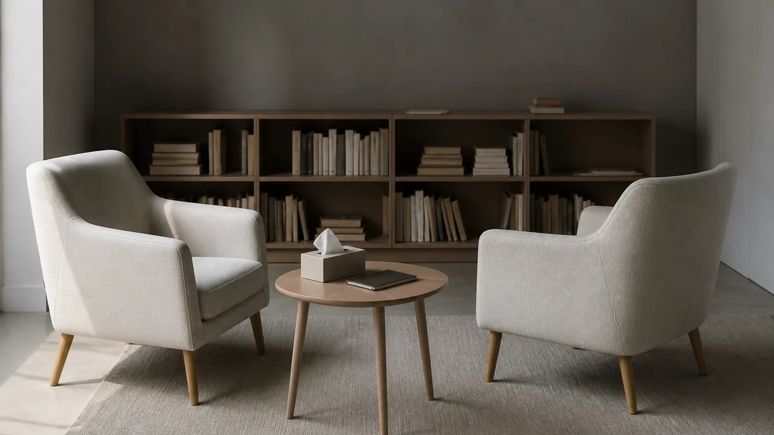 Deux fauteuils en tissu clair qui se font face, légèrement décalés, et une table basse en bois.
