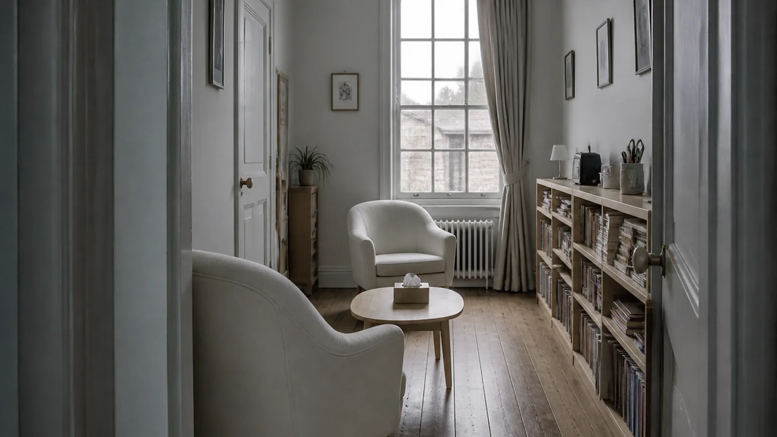 La pièce de consultation vue depuis la porte : deux fauteuils, une table basse, une fenêtre au fond et une bibliothèque basse le long du mur.